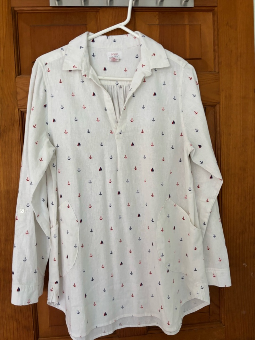 Sigrid Olsen White Long-Sleeve Shirt with Red & Navy Nautical Motif
